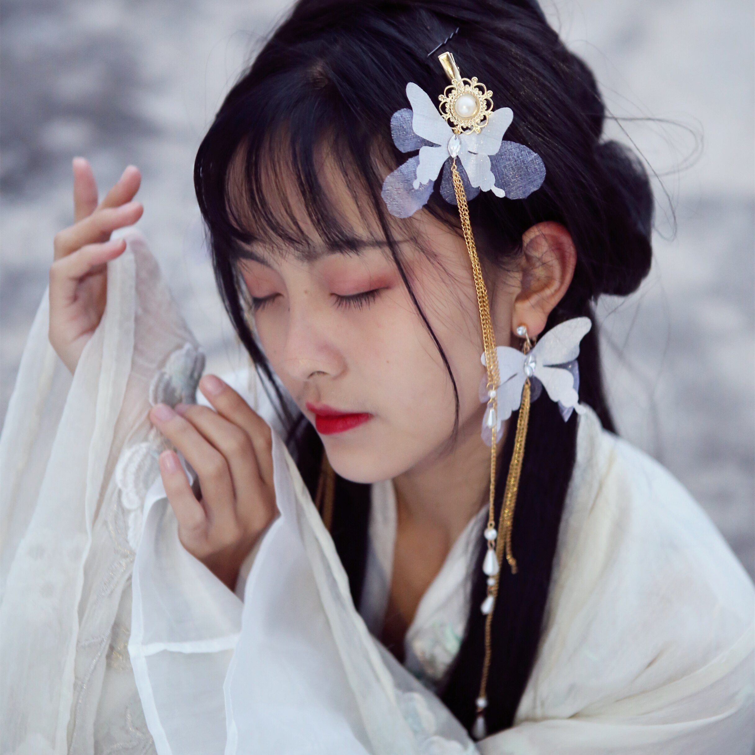 霜翎阁绢纱蝴蝶包邮发夹耳夹坠仙百搭汉服发配饰品古风语凝