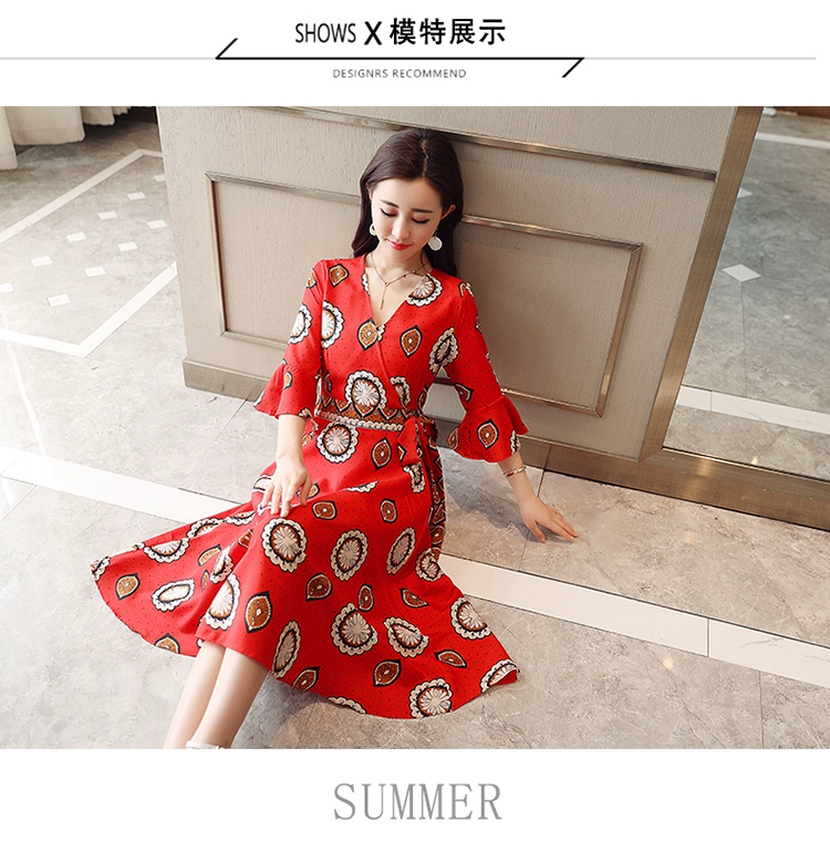 Shen Yidu mùa hè 2021 new plus size của phụ nữ váy dài giữa mùa hè váy ngắn tay in vải voan 1856 - Váy dài