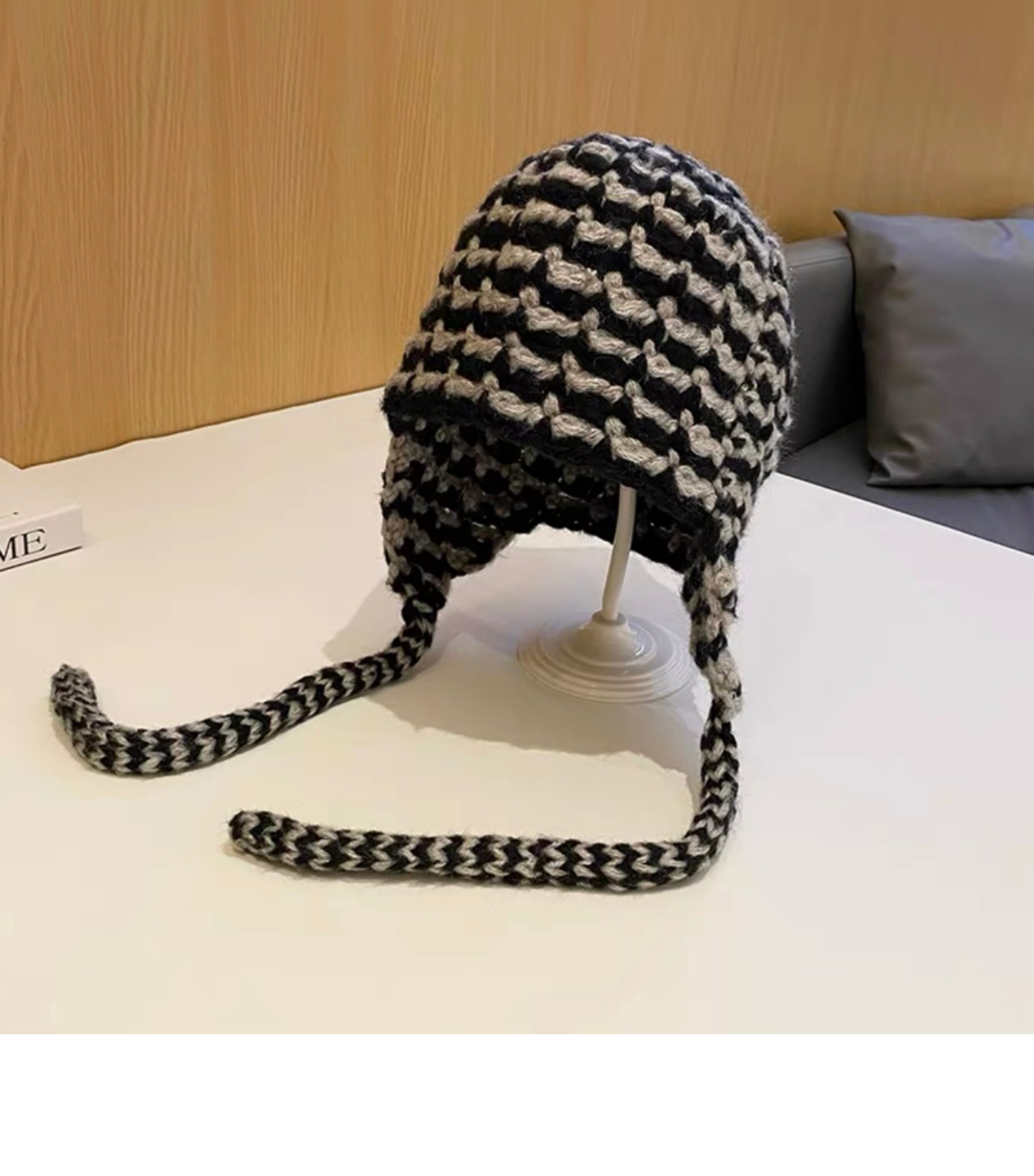 韩国东大门黑灰格纹手工编织粗毛线帽日系小众护耳百搭飞行雷锋帽