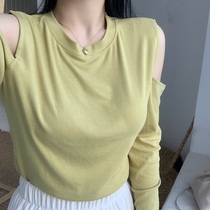 2020 early autumn New Gentle White temperament off-the-shoulder thin round neck pullover top long sleeve T-shirt women