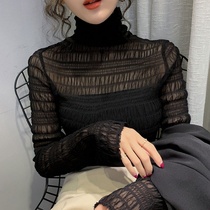 Han Edition Pile High Neckline Yarn Lace Undershirt Woman Inside Lap All Season New Long Sleeve T-Shirt Pure-Color Shirt