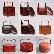 Retro style bamboo woven wooden wedding ancient food box basket multi-layer portable Chinese wedding extra large capacity household