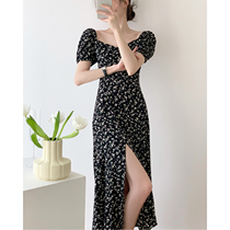 French square collar floral dress women 2021 summer new black design sense small tea break skirt long skirt women