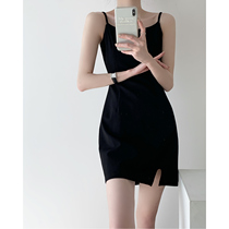 Black split suspender skirt child summer self-cultivation inner machine dress French sexy a word Hepburn small black dress