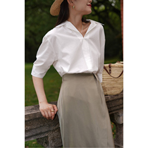 French retro lapel collar white shirt female summer V collar design sense niche White workplace shirt temperament loose top