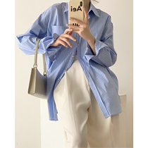 French blue striped shirt Womens thin long sleeve spring and autumn loose oversize lazy wind design sense niche shirt
