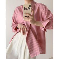 A button pink white striped shirt female spring and autumn design sense minority lazy boyfriend wind asymmetric loose top summer