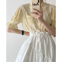 Organ design sense cool elegant shirt female French retro texture pleated vase pocket bubble short sleeve top summer