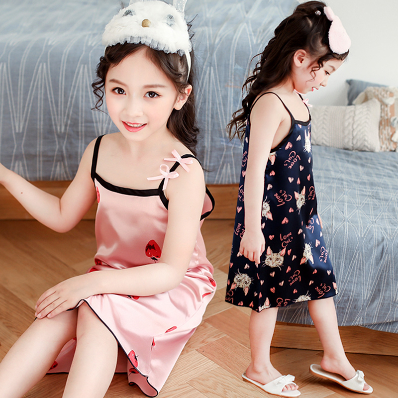 2022 simulation silk children's pajamas girl princess nightdress in the big child summer baby short-sleeved ice silk homewear