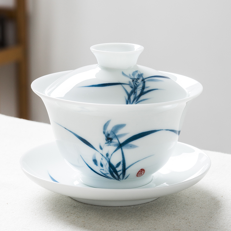 Jingdezhen ceramic hand - made only three tureen tea cups with cover plate white porcelain blue and white porcelain cup female ins contracted the cups