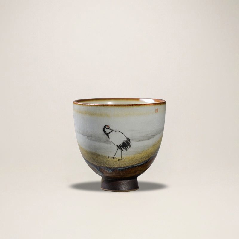 The Poly real scene coarse pottery teacup Japanese kung fu masters cup hand - made crane dance piece of retro firewood footed by hand