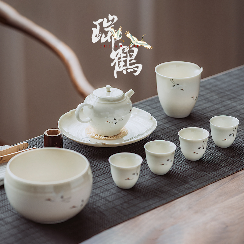 The Poly real scene set of jingdezhen hand - made rui crane figure plant ash tea tureen manual kung fu tea set