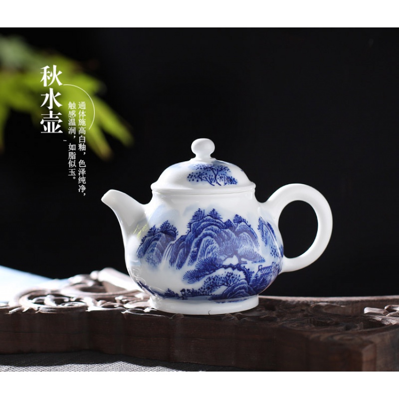 The Poly real scene high - grade jingdezhen kung fu tea set ceramic household hand - made scenery of blue and white porcelain tea teapot