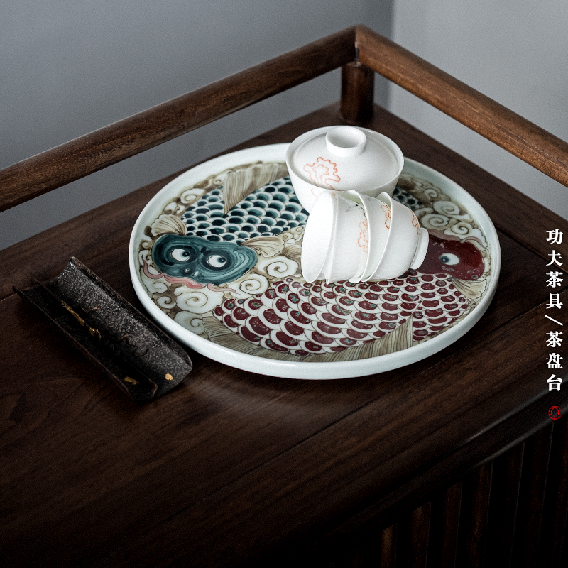 Poly real scene hand - made kung fu tea tray was home tea tea table circular dry tea dish kung fu tea set white porcelain saucer dish