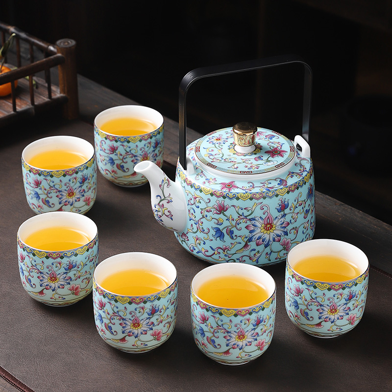 Jingdezhen ceramic tea set a pot of six cups of Chinese style household enamel girder pot cup teapot sitting room