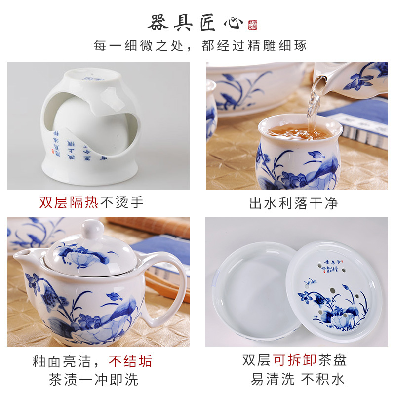 Poly real (blue and white porcelain tea set scene suit household circular contracted jingdezhen ceramic cup teapot a complete set of kung fu