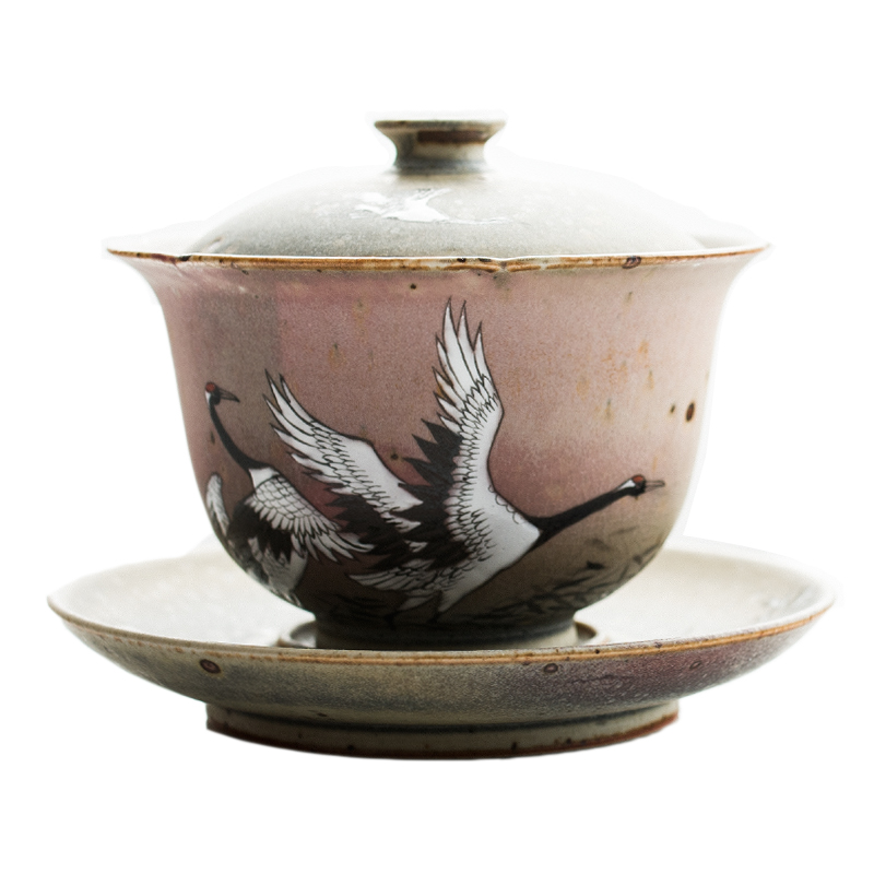 Poly real archaize jingdezhen up hand - made cranes tureen retro scene kung fu tea set ceramic tea three tureen