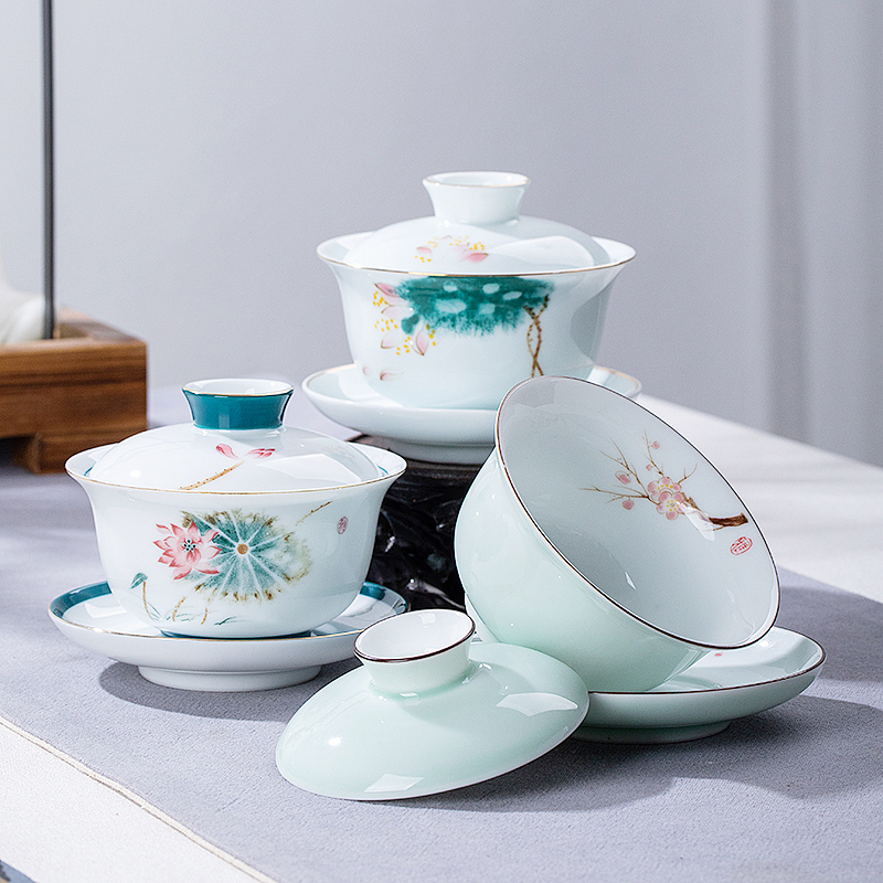 Hand made blue and white porcelain three only high - end individual household kung fu tea tea tureen large cups three fort tureen