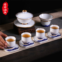 ZYRODIA Jingdezhen Gongfu tea suit Home Goat Grease Jade White Porcelain Cover Bowl minimalist Ceramic Tea Cup tea Road