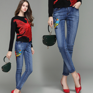 high-end phoenix exquisite embroidery jeans female feet trousers
