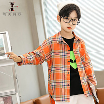 Boys fried street shirt childrens spring and autumn clothes long sleeve Korean version of foreign color plaid shirt in the big boy orange shirt D805
