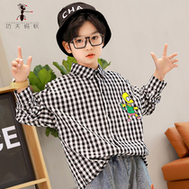 Boy cotton shirt children Spring and Autumn long sleeve 2021 new black and white plaid shirt Tong D829
