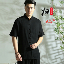 Original Chinese style mens Tang suit Hanfu mens slim summer dress with shoulder linen cotton and linen short sleeves traditional Chinese clothing