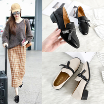 Heightening small leather shoes female Inn Wind 2021 new single shoe 100 lap black thick heel square head One foot pedal Lefoe shoes female