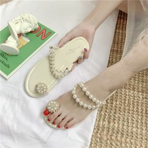 Net Red Slippers Women Summer Wear 2022 New Korean version 100 Lapped Pearls Toenails Flat Bottom and Tide Beach Sandals