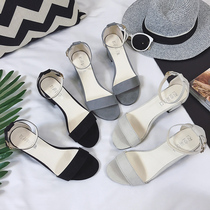 2021 summer new Korean version of thick heel with a word buckle open toe high heel sandals Joker small size Roman middle heel womens shoes