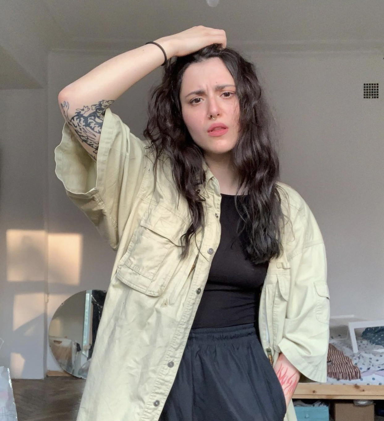 vintagetang美式复古卡其色短袖衬衫潮ins女夏薄款工装外套发贰