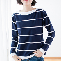 2022 Autumn loaded with new T-shirt loose big code Fat mm Collar Blouse Striped Mom Long Sleeve T-shirt With Undershirt Woman