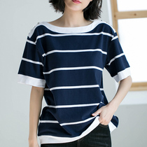 2022 Summer new Korean version Big code Fat mm blouses pure cotton loose with striped mom short sleeve t-shirt woman