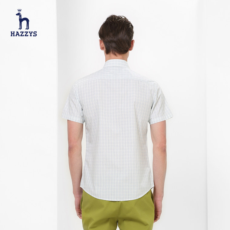hazzys哈吉斯2015夏新款男士短袖衬衫 时尚英伦格子修身全棉短衬