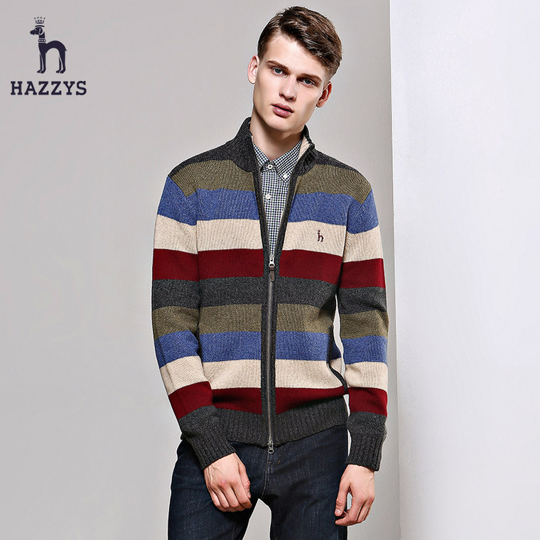 Hazzys哈吉斯2015秋季新品男士羊毛衫修身条纹男装
