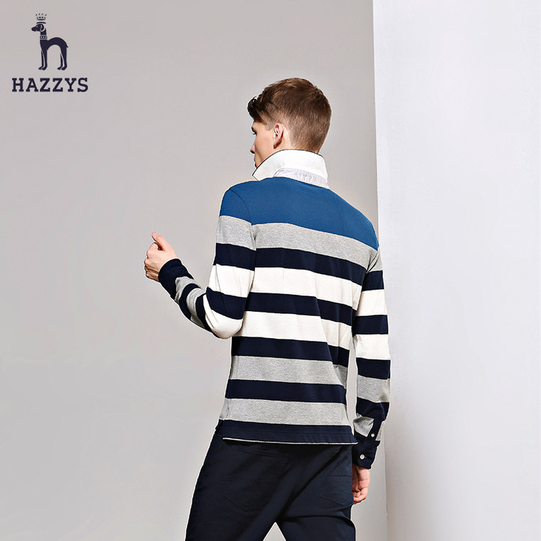 Hazzys哈吉斯2015秋季新品男士全棉时尚休闲条纹长袖翻领T恤POLO