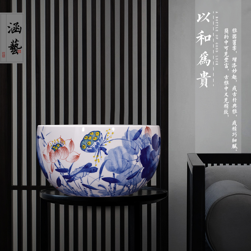 Jingdezhen ceramic hand - made blue harmony aquarium new sitting room porch decoration of Chinese style household furnishing articles