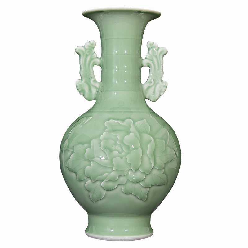 Shadow of jingdezhen ceramics green ears peony vases, new Chinese style flower arrangement sitting room decoration carving furnishing articles of handicraft