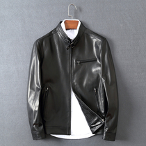 Leather leather mens imported goatskin stand-up collar leather jacket Korean version handsome slim short thin jacket special tide