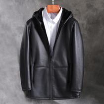 Winter imported sheep fur one-piece mens middle-aged business long hooded jacket leather coat fur thickened