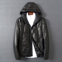 Winter imported sheepskin leather mens leather slim hooded youth down jacket warm thickened leather coat tide
