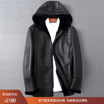 Winter imported fur one-piece mens hooded large size leather jacket Leather leather jacket Merino lamb wool coat