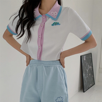 RANYI LONDON color color cloud label short polo shirt knitted short top womens short sleeve Bow cardigan