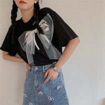RANYI LONDON designer brand mesh big bow black white cotton T-shirt female summer loose top