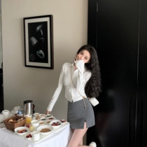 JoyingFeng (integrated into you) pure cotton polo shirt woman spring short tight fit blouse long sleeve white t-shirt