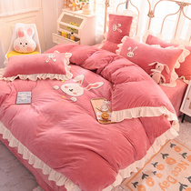 Winter Thickened Double-sided Suede Four Pieces Of Cartoon Rabbit Milk Suede Quilt Cover Bed Linen Princess Coral Suede Bed Three Sets