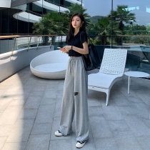 Europe Stand grey Broken Cave Broadlegged Pants Women Summer Thin 2022 New high waist Conspicuously Slim Drag Casual Pants Tide