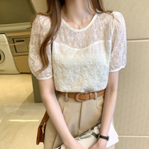 European Station Snowspinning Shirt Woman Summer Big Code 2022 New Design Sense Bubble Sleeves Lace Short Sleeve Blouse Temperament