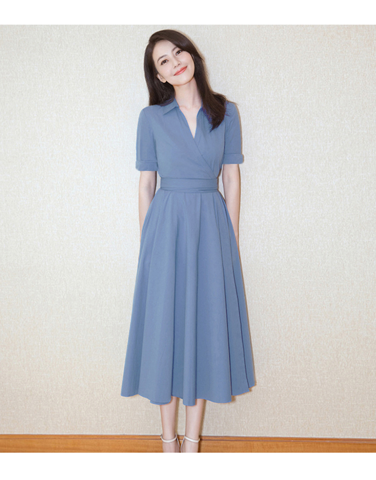 俏果儿 气质雪纺连衣裙女夏2018新款高圆圆同款裙子深蓝色v领修身中