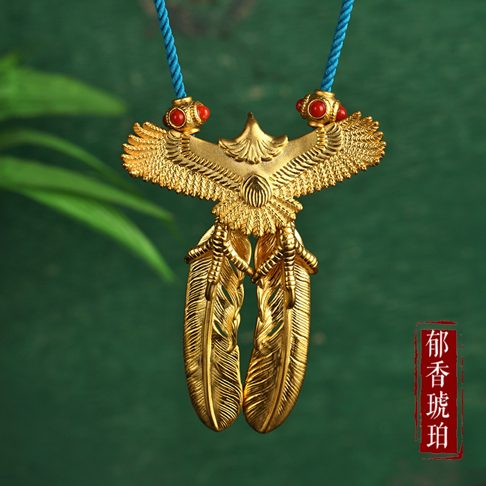 24k纯金999足金黄金吊坠 3d硬金藏式老鹰搭配鹰爪羽毛项链吊坠